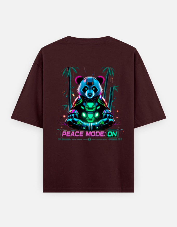 Brown t-shirt with a colorful panda graphic and 'Peace Mode: ON' text on a white background