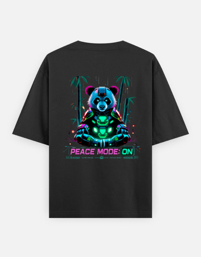 Black t-shirt with a colorful panda graphic and 'Peace Mode: ON' text on the back.