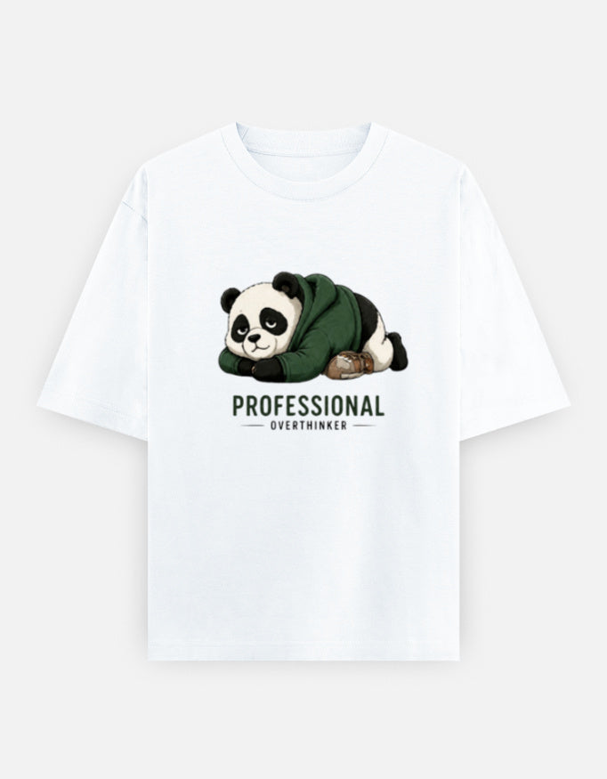 White t-shirt with a panda graphic and text on a white background