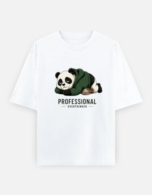 White t-shirt with a panda graphic and text on a white background