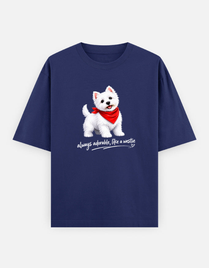 Navy blue t-shirt with a white dog graphic and text on a white background