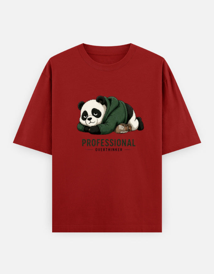 Red t-shirt with a panda graphic and text on a white background