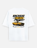 White t-shirt with 'Boss 302 Mustang 1970' graphic design on a white background