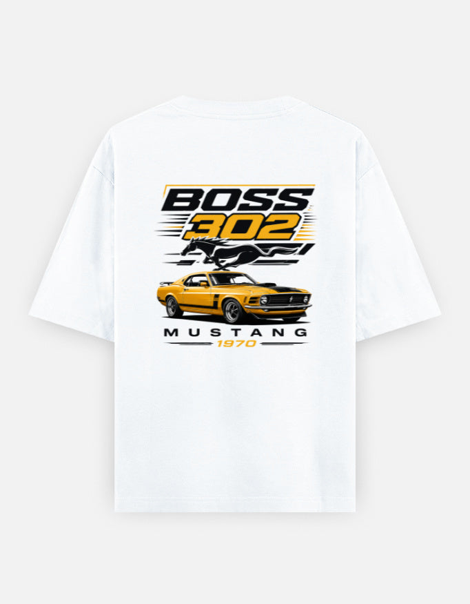 White t-shirt with 'Boss 302 Mustang 1970' graphic design on a white background