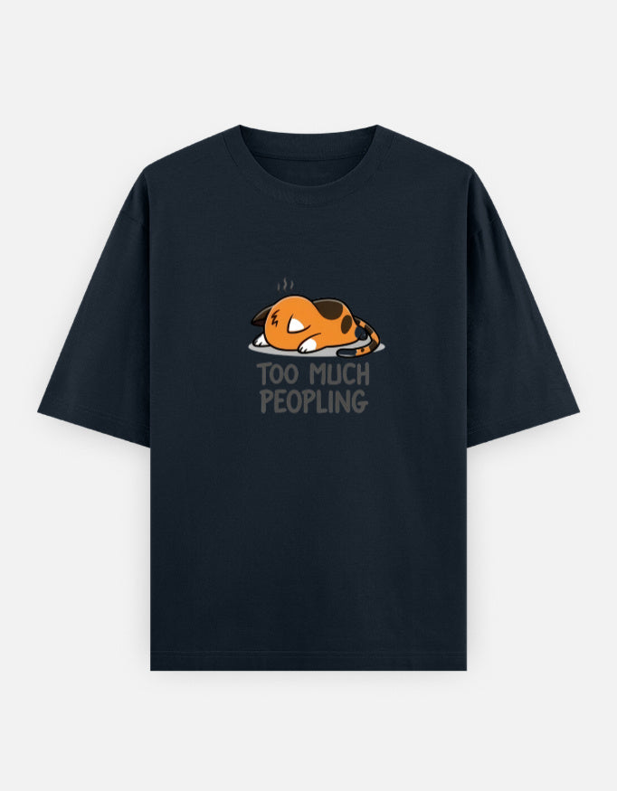 Black t-shirt with a cat graphic and text 'Too Much Peopling' on a white background