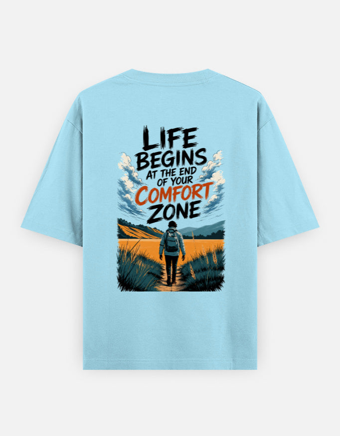 Light blue t-shirt with motivational quote and graphic on a plain background