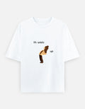 White t-shirt with graphic of a person and text 'life update' and 'ugh' on a white background