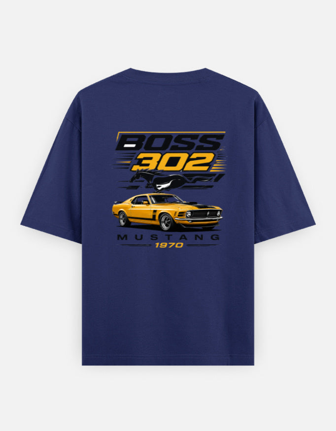 Navy blue t-shirt with a yellow Mustang graphic and 'Boss 302' text on the back.