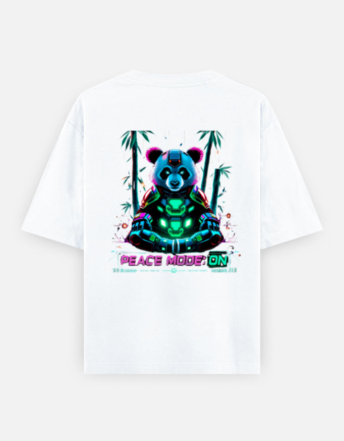 White t-shirt with a colorful panda graphic and 'Peace Mode On' text on a white background