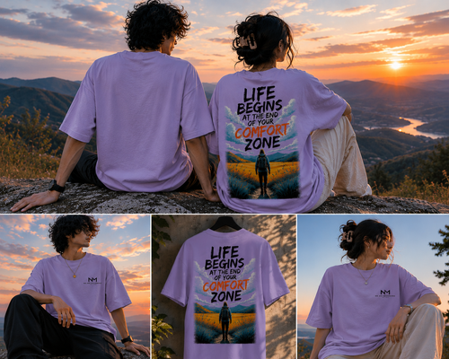 Two people wearing purple t-shirts with a sunset and motivational quote in the background.