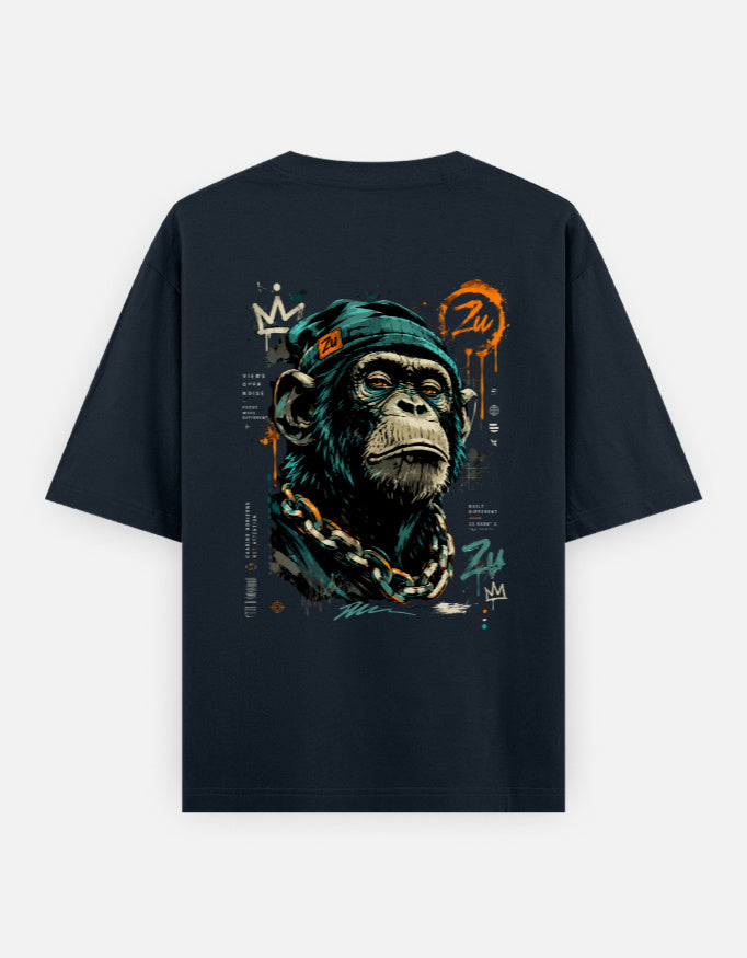 Black t-shirt with a graphic of a monkey wearing a green hat and chain on a white background