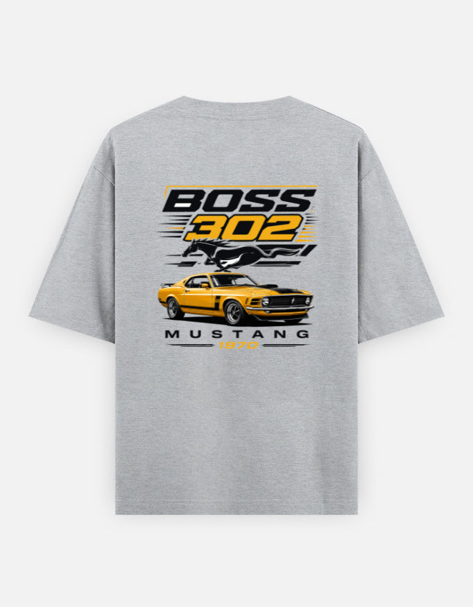 Gray t-shirt with a yellow and black graphic of a Mustang and 'BOSS 302' text on a white background