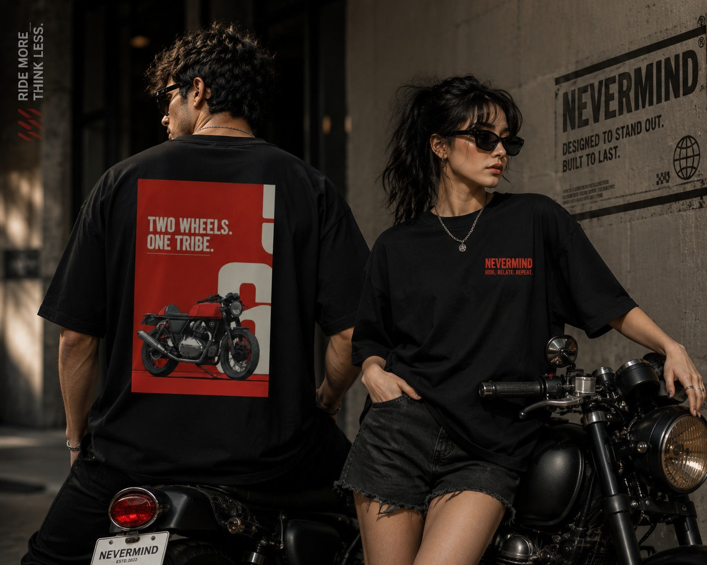 Two people on motorcycles wearing black t-shirts with red graphics and text.