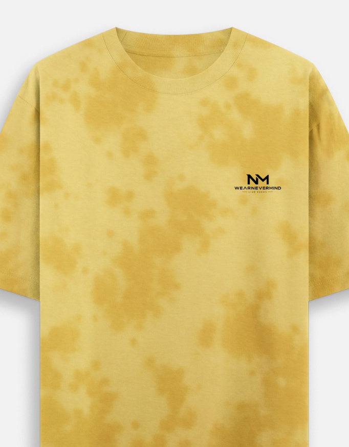 Yellow tie-dye t-shirt with a logo on a white background