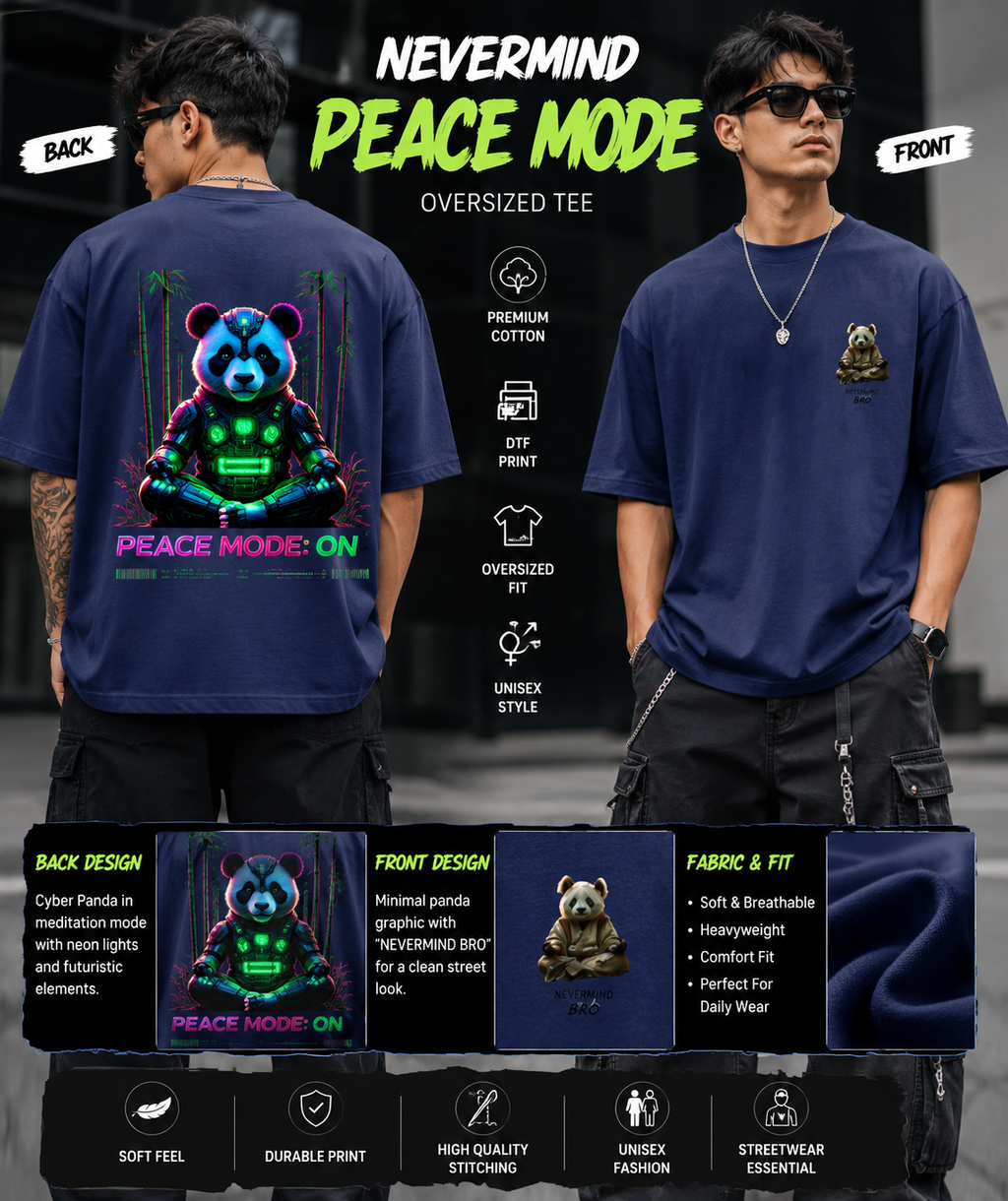 Blue t-shirt with a bear graphic and text 'Nevermind Peace Mode' on a black background.