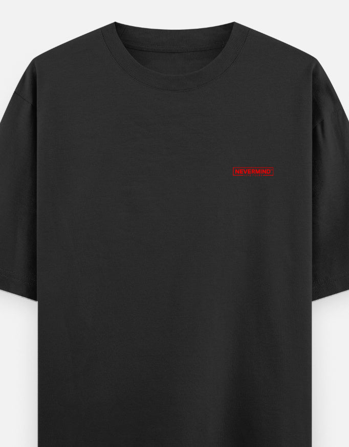 Black t-shirt with a red logo on a white background
