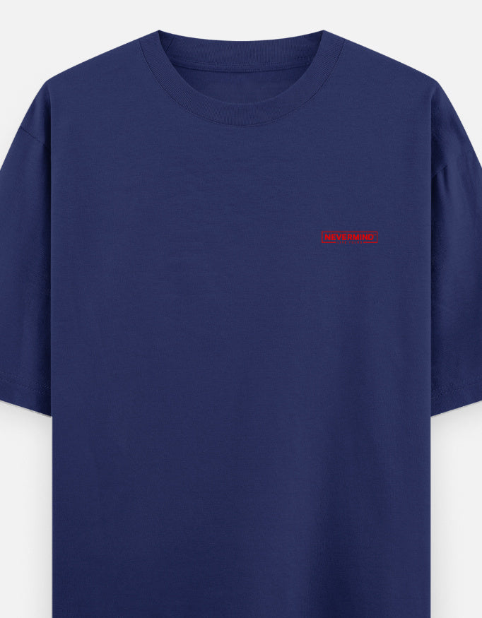 Navy blue t-shirt with a red logo on a white background