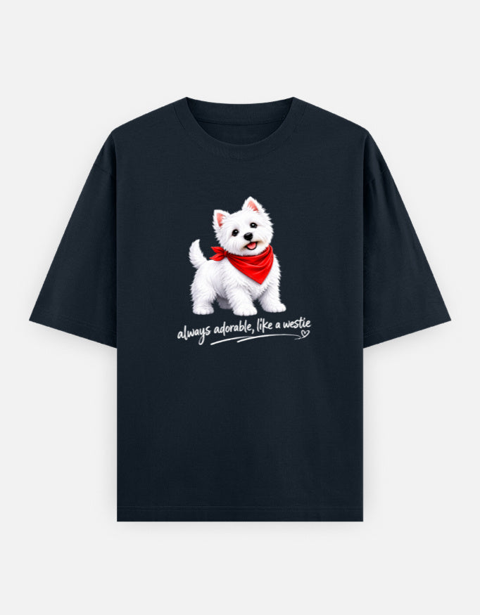 Black t-shirt with a white dog graphic and text on a white background