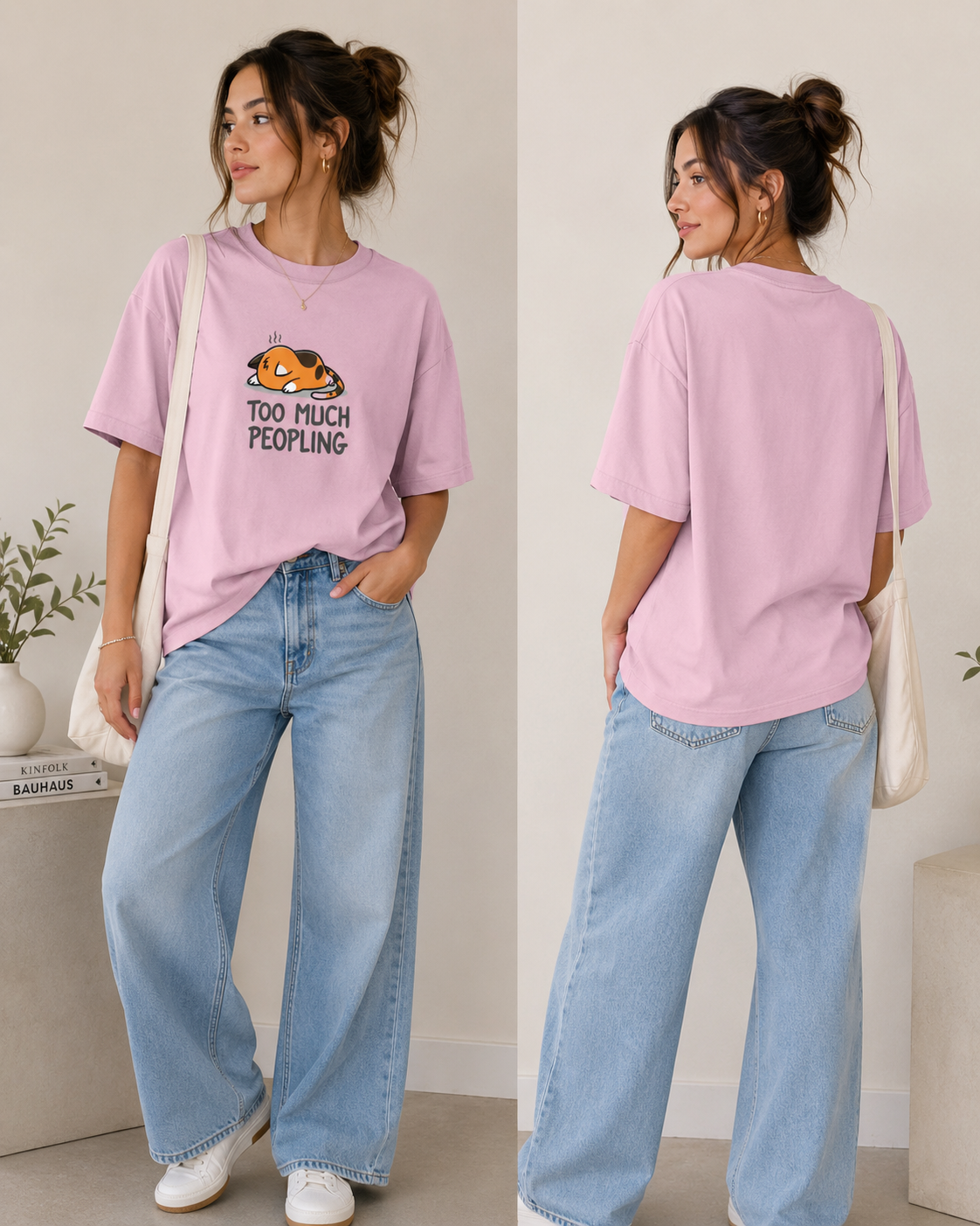 Woman wearing a pink t-shirt with text and blue jeans, shown from front and back.