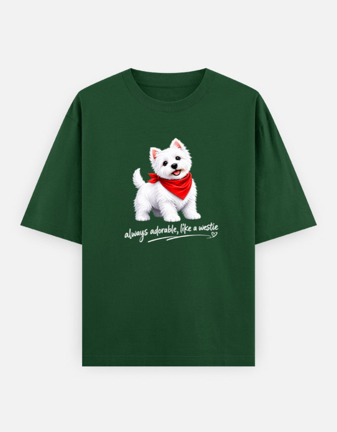 Green t-shirt with a dog graphic and text on a white background