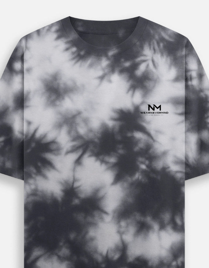 Tie-dye t-shirt with a brand logo on a white background
