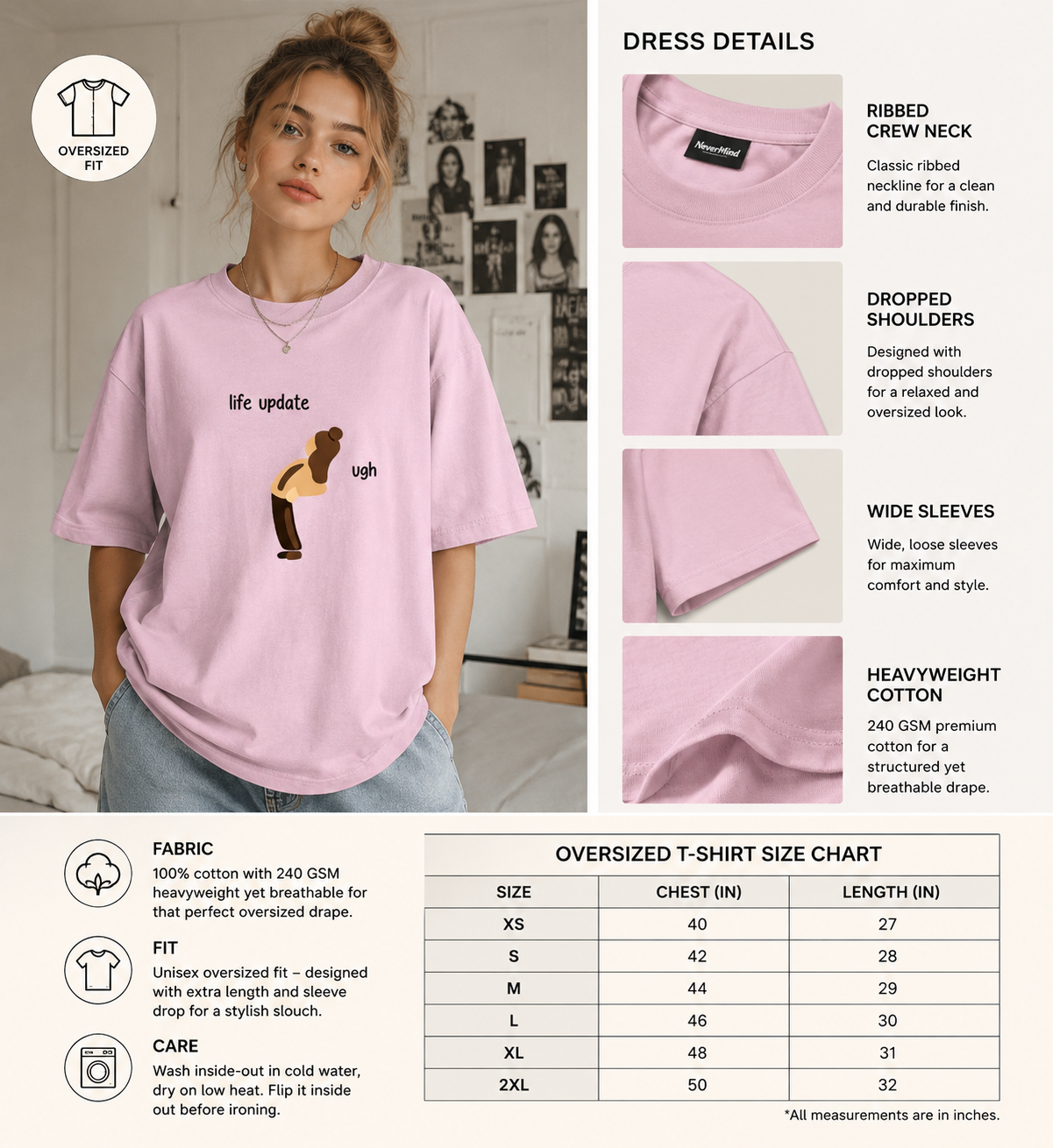 Pink oversized t-shirt with graphic design worn by a model, accompanied by dress details and size chart.