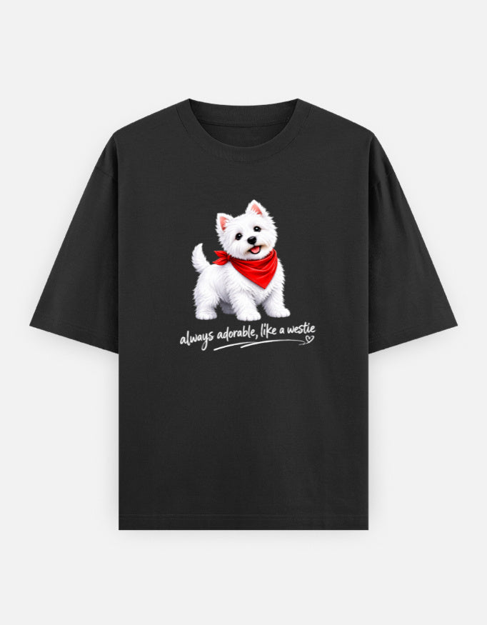 Black t-shirt with a white dog graphic and text on a white background